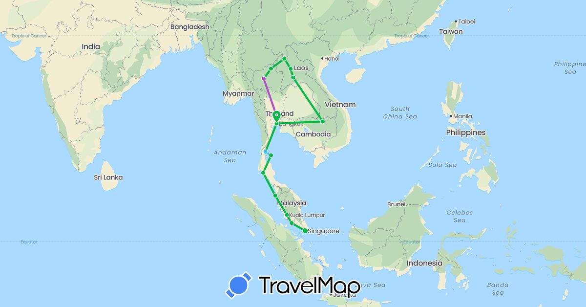 TravelMap itinerary: driving, bus, train, boat in Laos, Malaysia, Singapore, Thailand (Asia)